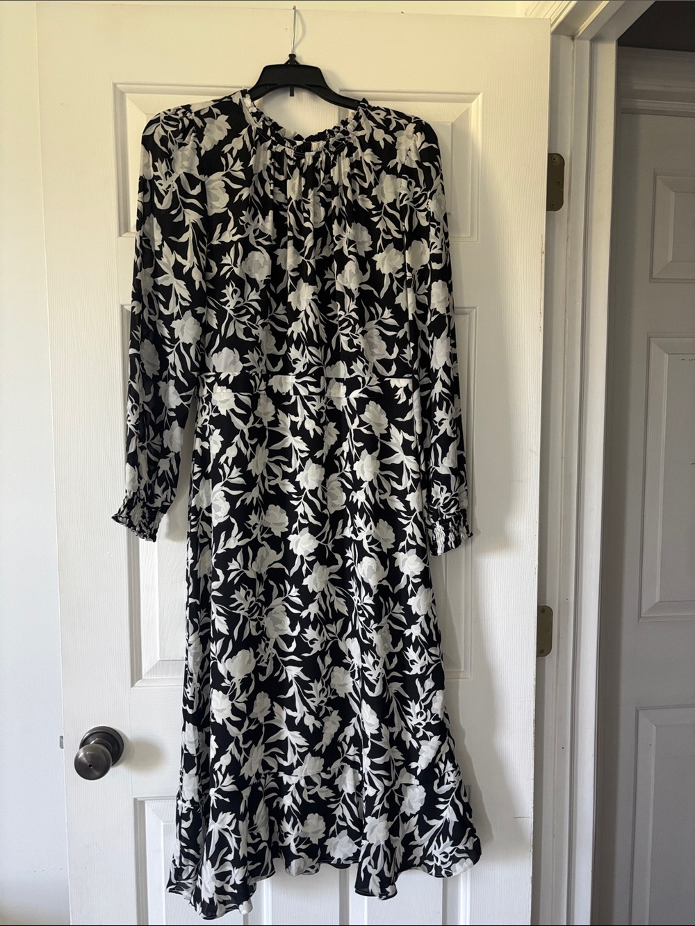 J. Crew Black and White Floral Long-Sleeve Midi Dress